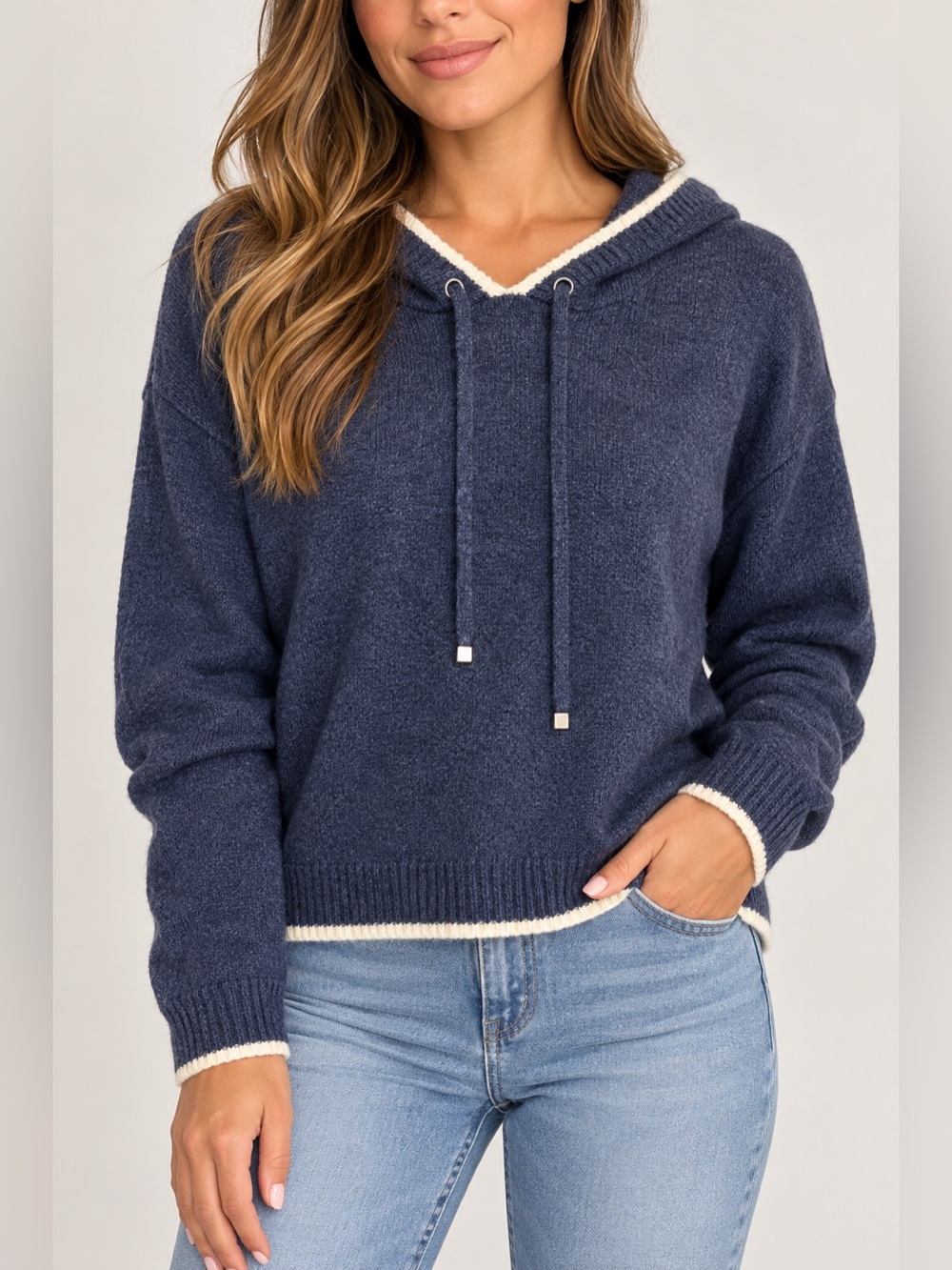 Vince Camuto XS Navy Hooded Knit Sweater Cream Trim Drawstring Pullover